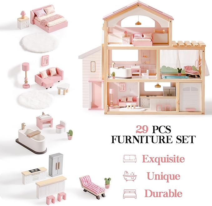 ROBOTIME Wooden Dollhouse, Doll House with 29 Pieces Furniture Set - Pool and Elevator, Wooden Doll House for 4, 5, 6-Inch Dolls, 6 Rooms Pink Dollhouse Gift for Kids Girls Ages 3+ (Pink)