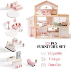 ROBOTIME Wooden Dollhouse, Doll House with 29 Pieces Furniture Set - Pool and Elevator, Wooden Doll House for 4, 5, 6-Inch Dolls, 6 Rooms Pink Dollhouse Gift for Kids Girls Ages 3+ (Pink)