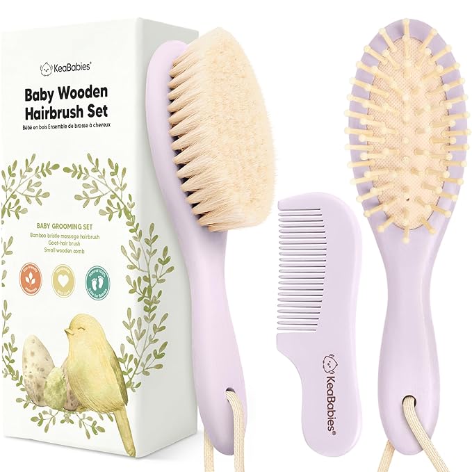 Baby Hair Brush and Comb Set for Newborn - Wooden Baby Hair Brush Set with Soft Goat Bristle, Baby Brush Set for Newborns, Baby Brush and Comb Set Girl, Boy, Toddler Cradle Cap Brush (Oval, Thistle)