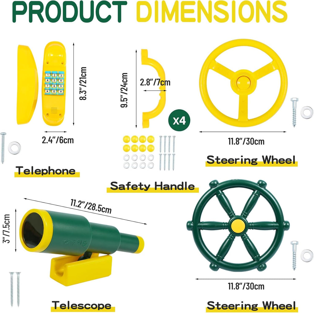 RedSwing Playground Accessories for Kids, Outdoor Playground Attachments with 2 Pirate Ship Wheel, Toy Telescope, Telephone and Safety Handles (Yellow and Green)