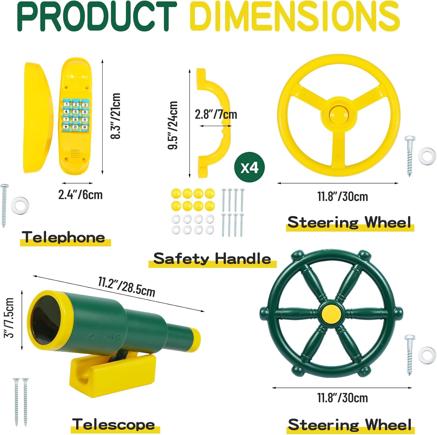 RedSwing Playground Accessories for Kids, Outdoor Playground Attachments with 2 Pirate Ship Wheel, Toy Telescope, Telephone and Safety Handles (Yellow and Green)