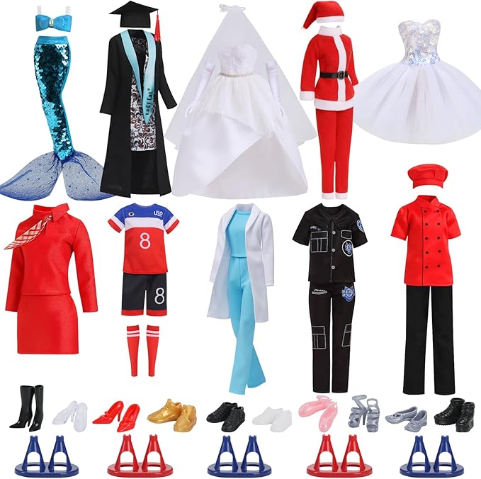 51 Pcs Themed Doll Clothes & Accessories – Educational Role Play Gift Set for Girls with 10 Outfits (Doctor, Bride, Mermaid, Santa, Chef etc.),10 Shoes, 5 Stands – Fits 11.5 Inch Dolls(No Doll)