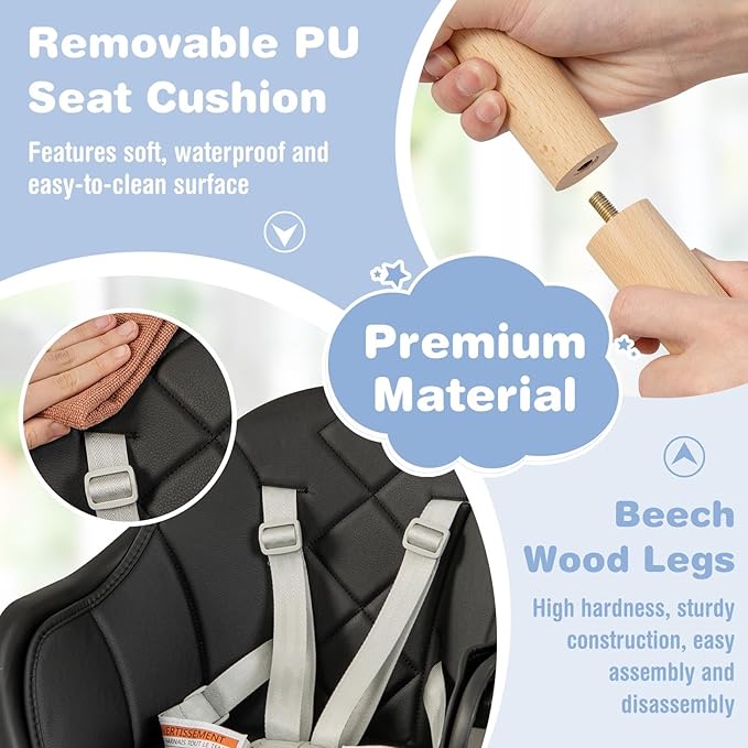 BABY JOY Baby High Chair, 6 in 1 Convertible Wooden High Chair for Babies & Toddlers with Adjustable Legs, Double Removable Tray, Safety Harness & Waterproof PU Cushion (Black)