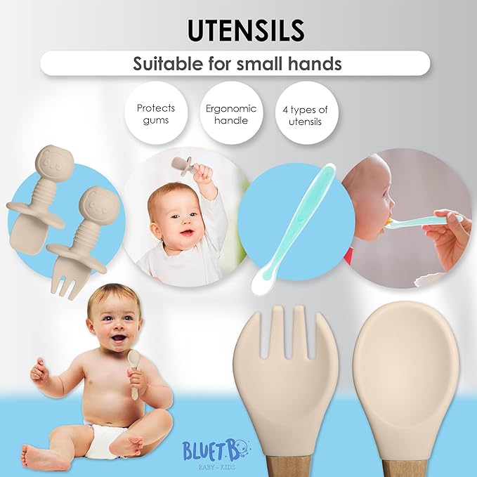 Bluet B- Silicone Baby Feeding Set with Pacifier - Baby Led Weaning Supplies - Baby Spoons, Suction Bowl - Plate - Baby Utensils Set - Silicone Feeding Set for Baby First Foods - 11pcs - Beige