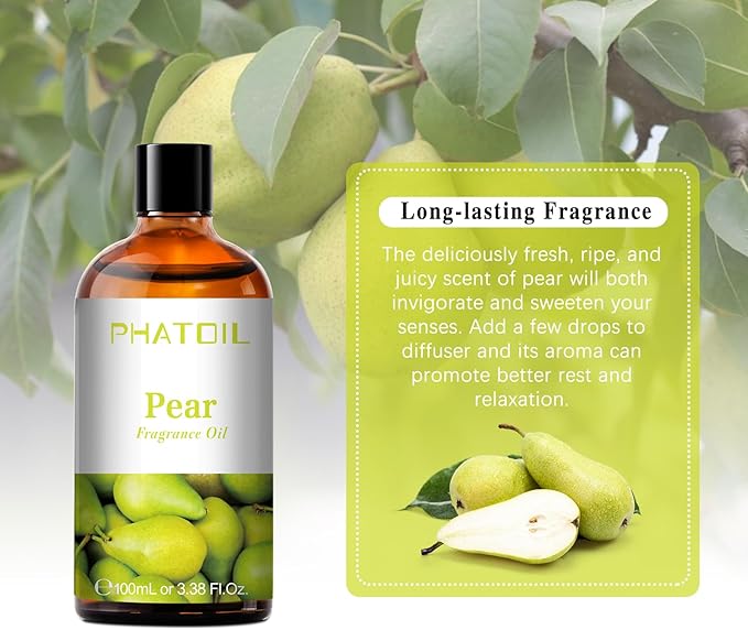 PHATOIL 3.38FL.OZ Pear Fragrance Oils for Aromatherapy, Essential Oils for Diffusers for Home, Perfect for Diffuser, Yoga, Skin Care, DIY Candle and Soap Making - 100ml