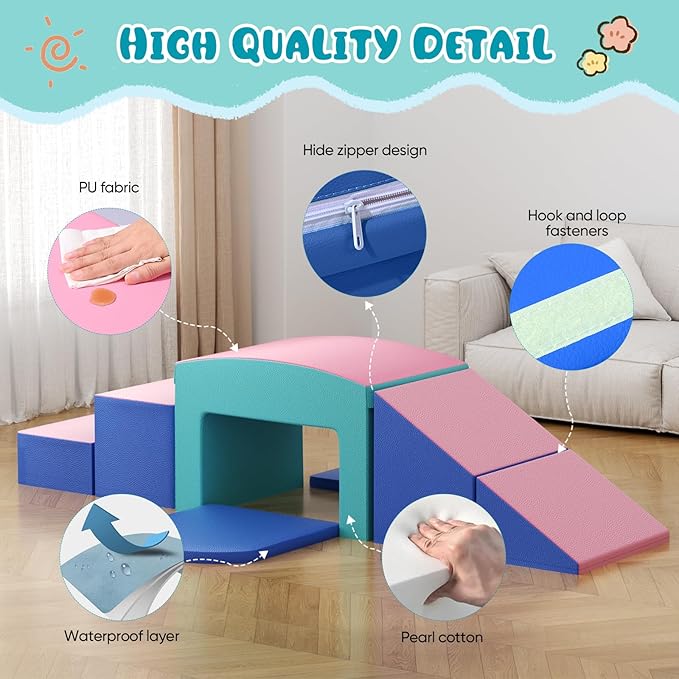 Lischwert Foam Climbing Blocks for Toddlers, Toddler Climbing Toys Indoor with Slide Stairs and Ramp Soft Play Climbing for Toddlers, 6 Pieces