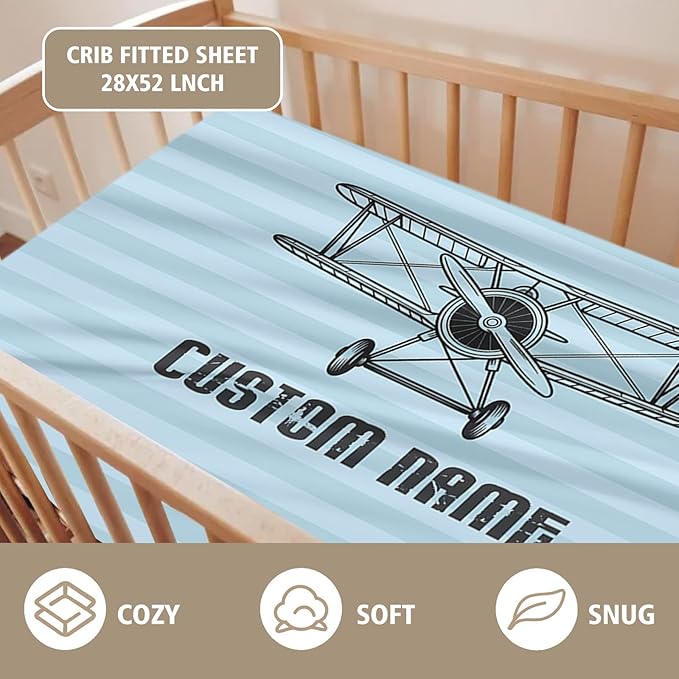 Personalized Baby Crib Bedding Set, Custom Name Blue Glider Theme Nursery Bedding Set 3 Pcs, Baby Blanket Fitted Crib Sheet Changing Pad Cover, Personalized Nursery Decor Gift for Newborns Boys