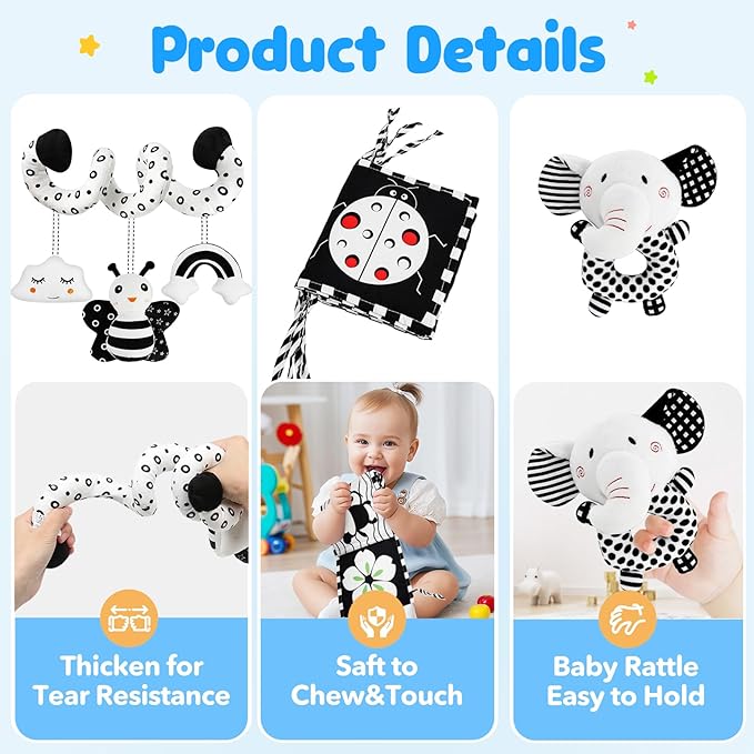 Car Seat Toys for Babies 0-6 Months,Hanging Rattle Toys for Crib Mobile, Baby Spiral Hanging Stroller Black and White High Contrast Toys for Newborn 0 3 6 9 12 Months Baby Boys Girls (Set-1)