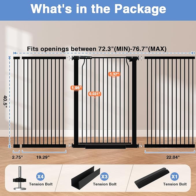 72.2"-76.7" Extra Wide Baby Gate, 40.5" Tall Dog Gate Indoor,Walk Through Pet Gates for Doorways Kitchen No Drilling Auto Close Pressure Mounted Safety Child Toddler Gate, Black
