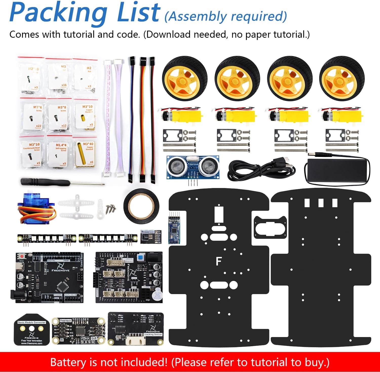 Freenove 4WD Car Kit (Compatible with Arduino IDE), Line Tracking, Obstacle Avoidance, Wireless Control App, Ultrasonic Sensor Motor Servo
