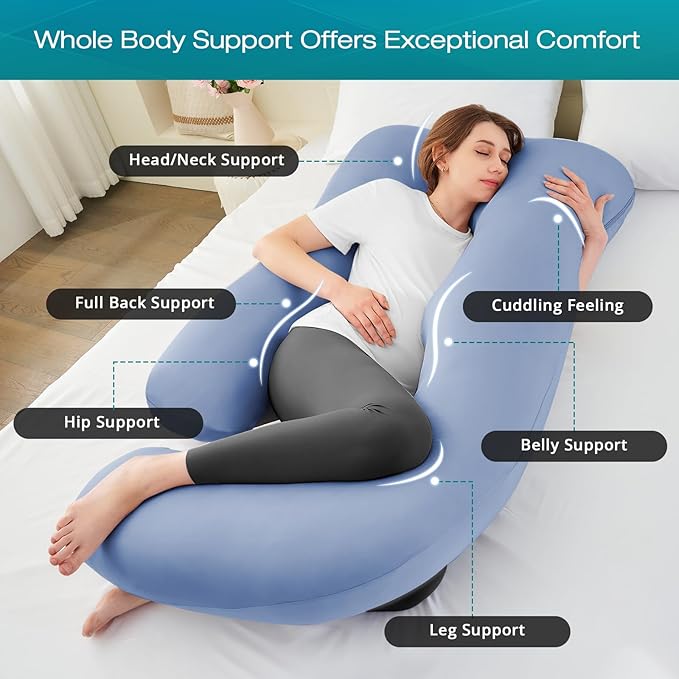 Sasttie Pregnancy Pillows for Sleeping, U Shaped Cooling Full Body Pillow with Removable Cover, Pregnant Women Must Haves, Maternity Essential, Blue