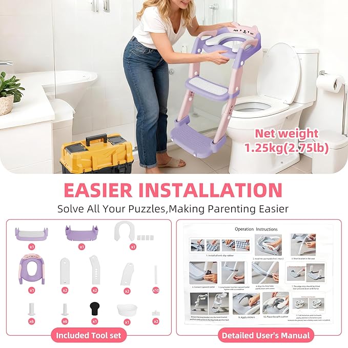 Potty Training Seat, Upgrade Toddler Toilet Seat for Kids Boys Girls, 3 in 1 Potty Training Toilet with Step Stool Ladder-Non Slip Foldable (Purple+Pink)