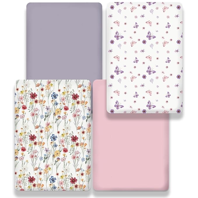 bimocosy Mini Crib Sheets,Pack and Play Sheets for Baby Girl Boy 4 Pack,Size 38"x 26" for Playard Mattress,Portable Mini Crib,Soft Pack N Play Sheets Fitted,Butterfly/Floral/Pink/Purple