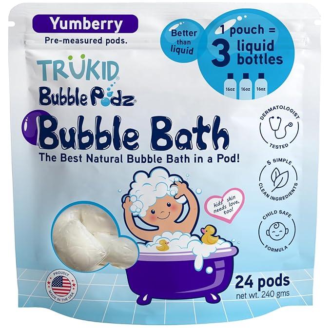 TruKid Bubble Podz Bubble Bath for Kids, Toddlers, & Babies, Tear Free Gentle & Refreshing Bath Bomb for Sensitive Skin with Natural Moisturizers, Non-Toxic, pH Balanced, Yumberry Scent (24 Podz)
