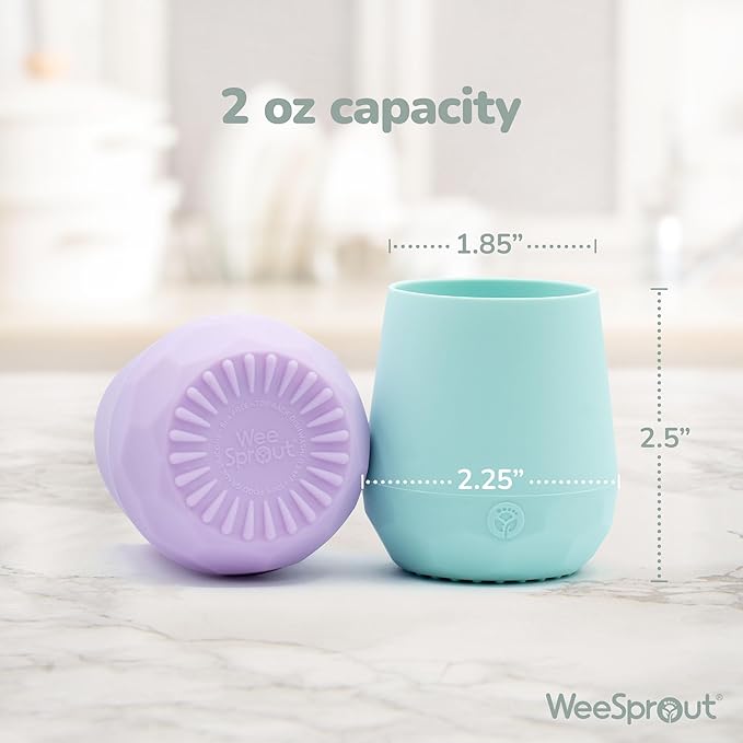 WeeSprout Silicone Baby Training Cups - Set of 2 Soft Silicone Cups - 2 oz Open Cup for Baby 6+ Months - Non-Slip Grip, Weighted Base - Gentle on Gums & Teeth (Matte Blue & Matte Green)