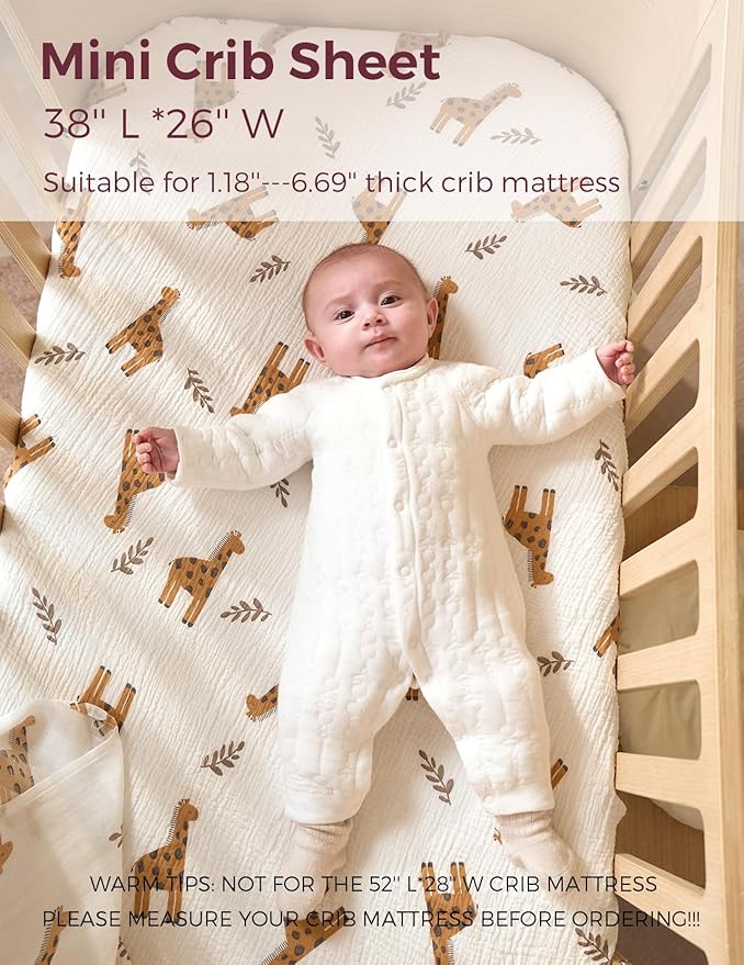 Momcozy Muslin Mini Crib Sheets Fitted - 38''x26'' Pack and Play Sheets for Pack N Play Mattress, 2 Pack Soft & Breathable Natural Cotton Non Slip Bed Cover for Boys, Girls, Bravery Giraffe