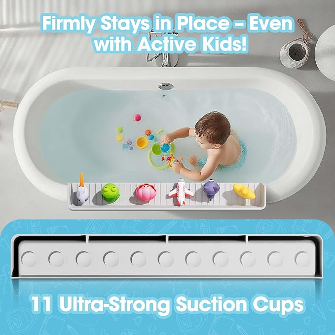 Bathtub Splash Guard for Kids - 31.4 Inch Extra Wide Bath Splash Barrier with 11 Strong Suction Cups, Flexible Silicone Tub Ledge Organizer to Keep Bathroom Floor Dry(Grey)