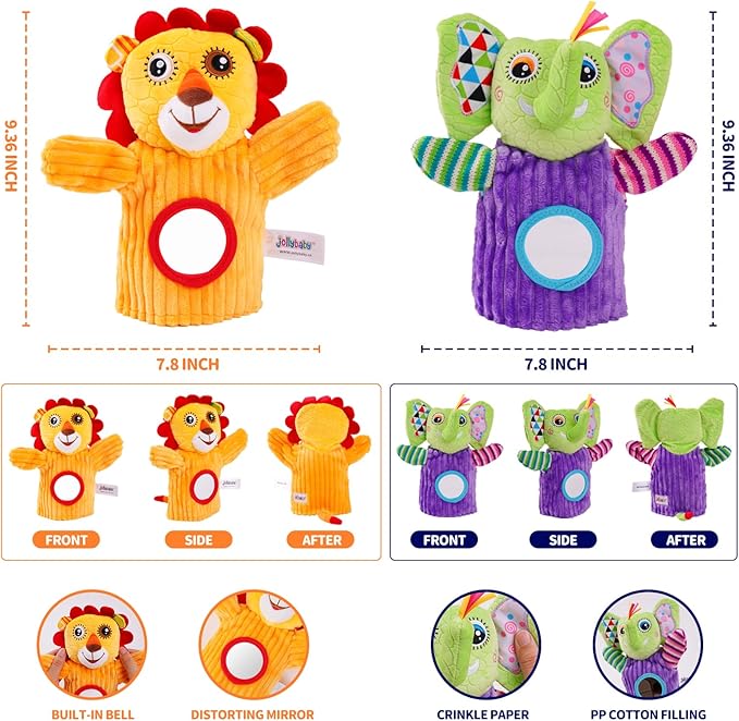 Jollybaby Hand Puppets Baby Toy 0-6-12 Months, Plush Stuffed Animal Hand Puppets Toys for Kids，Sensory Doll with Rattle and Mirror for Toddler，Social Emotional Play Therapy Toys for Boy Girl Gift