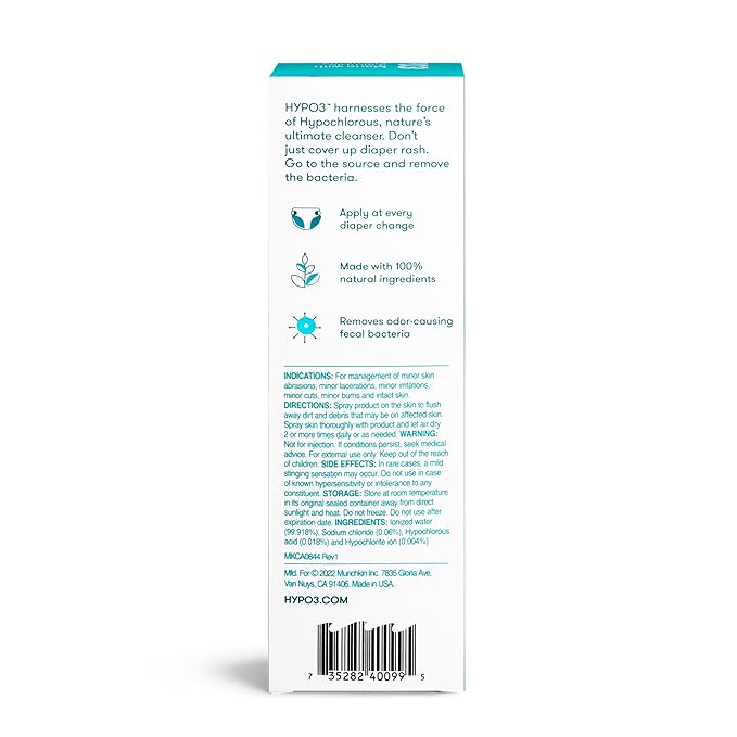 Munchkin HYP03 Diaper Rash Hypochlorous Acid Spray for Face and Body, FSA Eligible, Removes Rash-Causing Germs, Helps Promote Healing, Gentle for Sensitive & Eczema-Prone Skin, 3.4 Ounce
