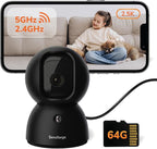 Sensforge 2.5K Black Indoor Pan-Tilt Dome Security Camera, AI Human & Pet Detection, 360° Coverage, Two-Way Audio, Dual-Band Wi-Fi (2.4G/5G), 64GB SD Card Included, No Monthly Fees