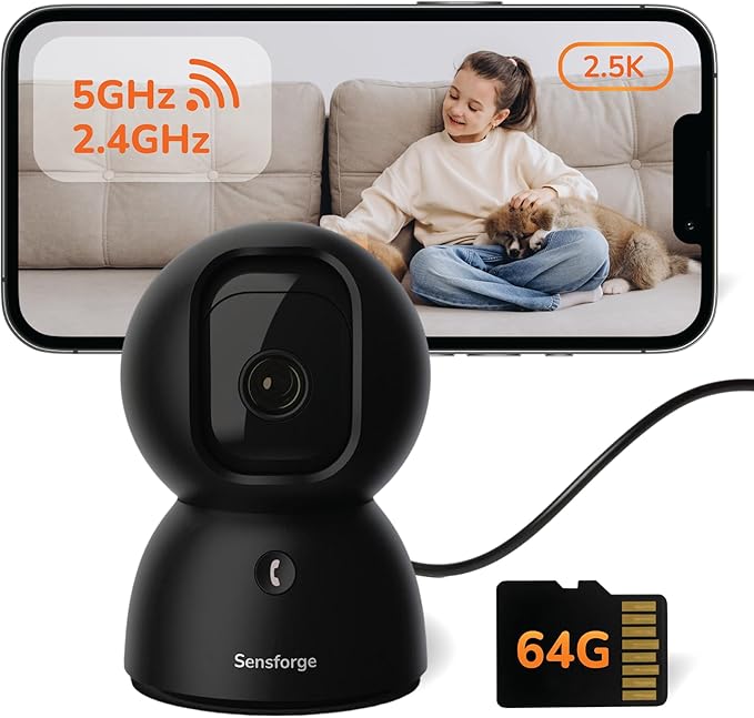 Sensforge 2.5K Black Indoor Pan-Tilt Dome Security Camera, AI Human & Pet Detection, 360° Coverage, Two-Way Audio, Dual-Band Wi-Fi (2.4G/5G), 64GB SD Card Included, No Monthly Fees