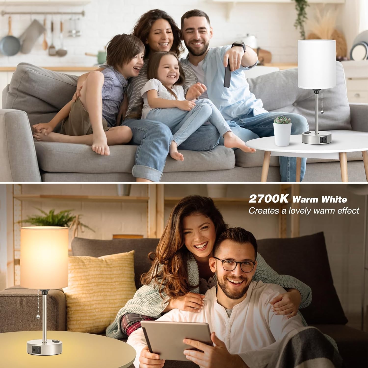 Dicoool White Bedside Lamp for Bedroom - 3 Color Temperatures Desk Lamp with USB C and A Ports, Pull Chain Table Lamp with AC Outlet, Nightstand Lamp with Silver Metal Base for Kids Girls