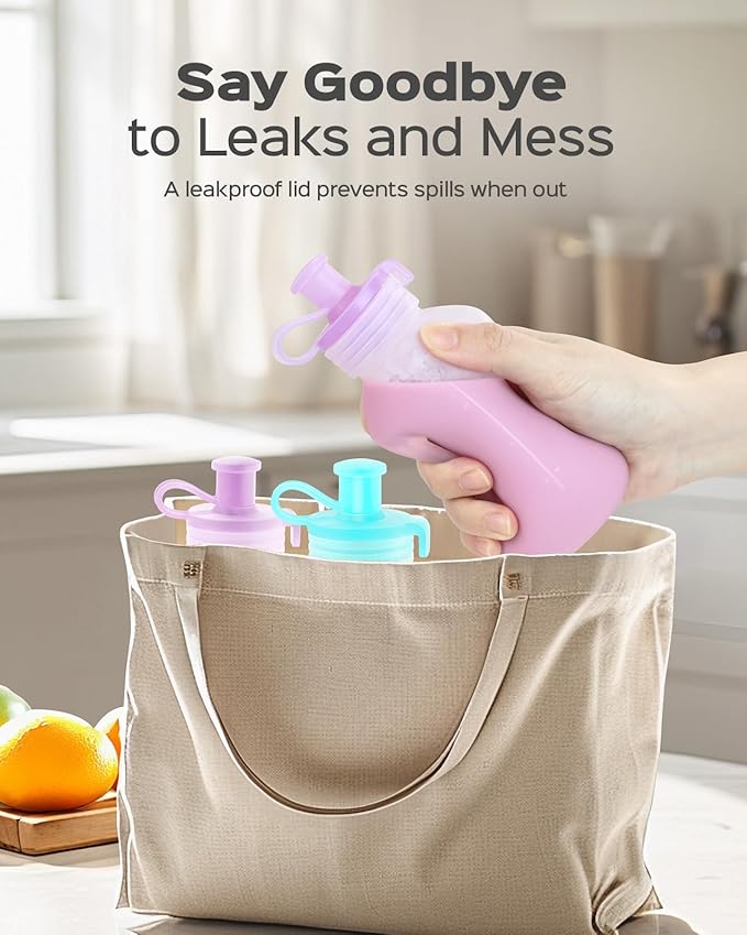 Silicone Reusable Baby Food Pouches with Straws, 4 Pack Leakproof Refillable Squeeze Pouches, Dishwasher, Freezer, Microwave Safe, 5OZ Baby Food Storage for Homemade Puree, Yogurt