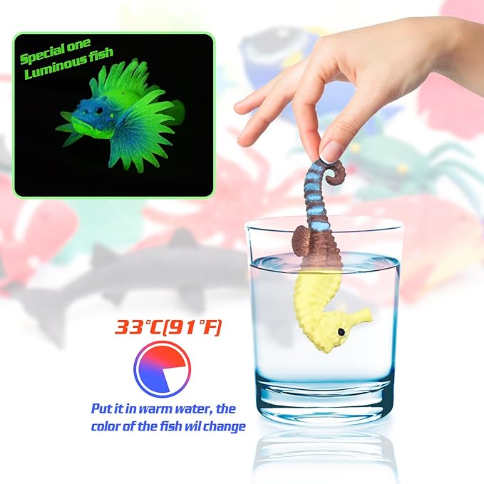 10 Pcs Fish Animal Figure Bath Toys, Sea Animal Color Changing Toys, Sea Creatures for Kids 3 Years and up, for Themed Parties, Cake Topper, Kids Easter Basket