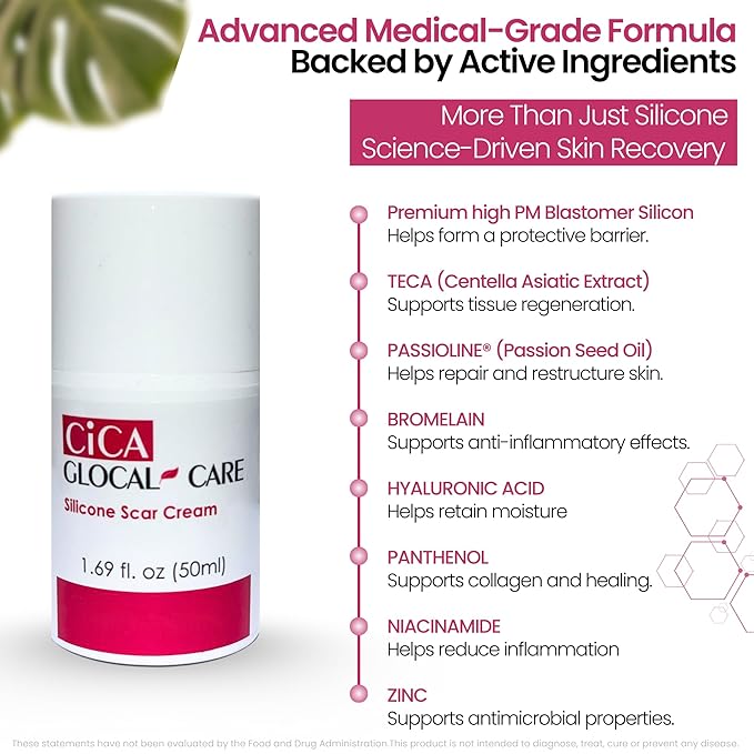 CICA Silicone Scar Cream – New & Old Scar, Stretch Marks & PIH Appearance Improvement - Medical-Grade Silicone with TECA, PASSIOLINE, Hyaluronic Acid & Panthenol - Supports Wound Healing - 50 ml