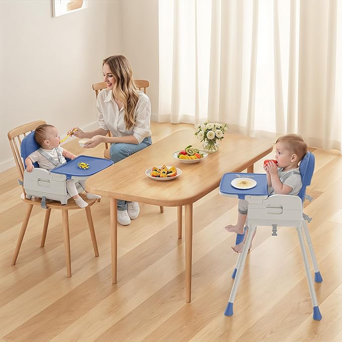 3-in-1 Portable Baby High Chair for Babies and Toddlers, Convertible Easy Clean Infant Foldable Highchair with Adjustable Legs & Dishwasher Safe Tray, Blue