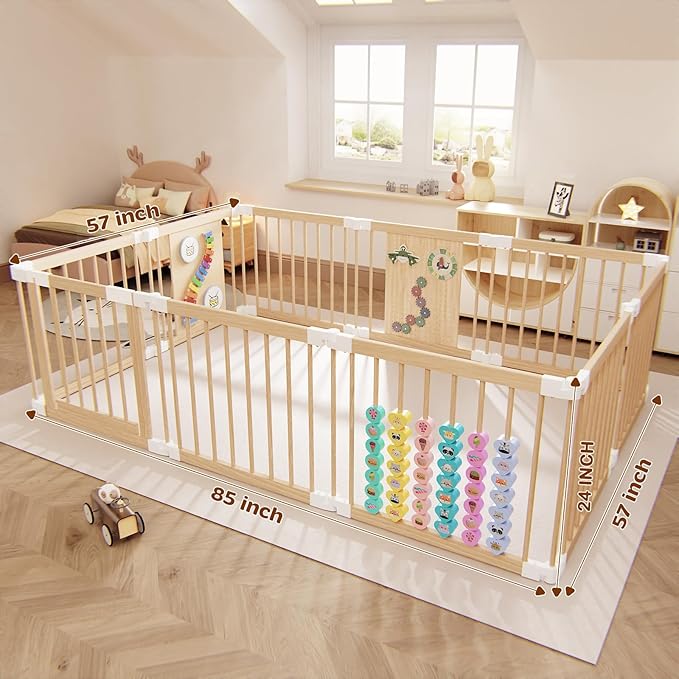 Baby Playpen - Adjustable Multi-Shape Wooden Play Yard, Portable Collapsible Activity Center with Baby Fence Play Area & Toys for Infants, Toddlers (57x85x24inch)