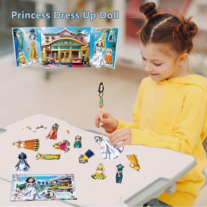 Yuzee Paper Dolls Stickers - Magnetic Dress Up Dolls for Girls - Toddler Travel Toys - 1 Paper Doll and 33 Clothing Accessories with 3D Magnetic Game Scene, Foster Creativity and Imagination