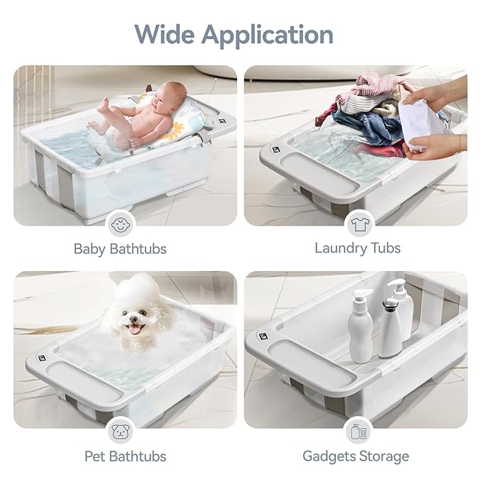 Collapsible Baby Bathtub with Stand - Large Capacity Baby Bath Tub with Thermometer & Soft Cushion | Portable Travel Newborn Infant Bathtub | Foldable Toddler Bathtub for Baby 0 to 36 Months