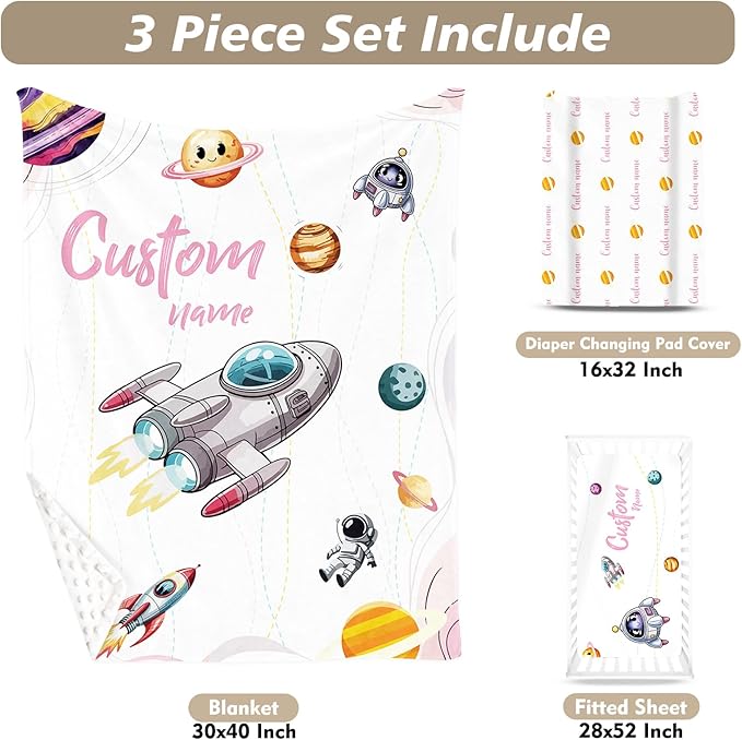 Personalized Baby Crib Bedding Set - Colorful Rockets Theme Nursery Bedding Sets 3 Piece with Custom Name Blanket, Fitted Crib Sheet & Changing Pad Cover – Ideal Newborn Gift for Girls