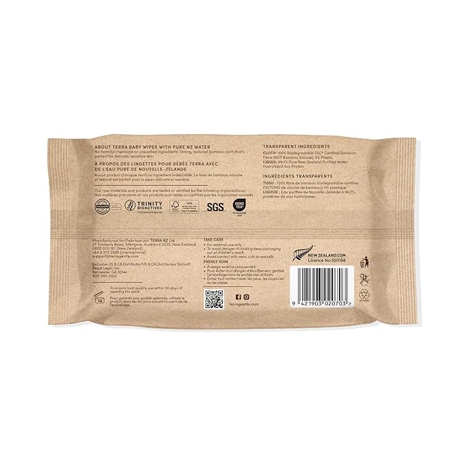 Terra Organics Pure New Zealand Water Bamboo Baby Wipes, Biodegradable, Natural, 1 Pack of 70 Wipes