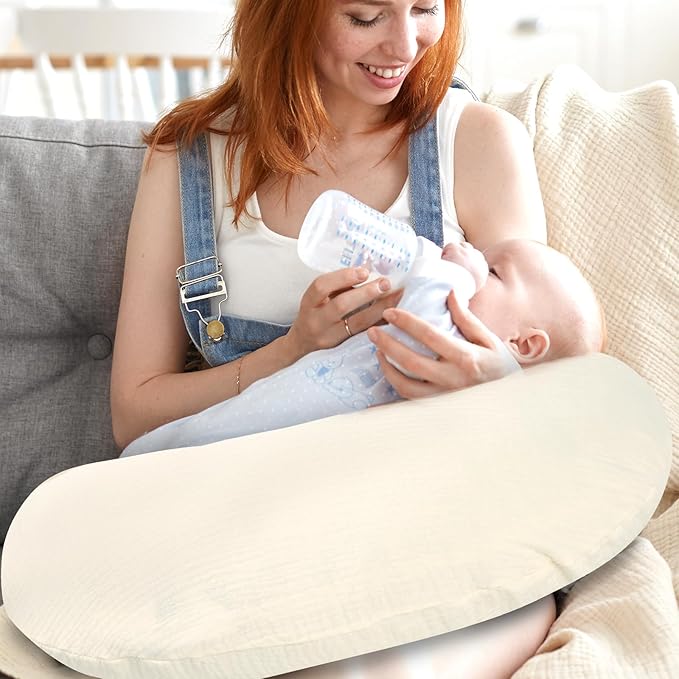 Hooyax Muslin Nursing Pillow Covers 2 Pack, Soft and Breathable Nursing Covers for Breastfeeding Pillows, Adorable Infant Feeding Pillow Slipcover for Baby Boy and Girls (Gray Creamy-White)