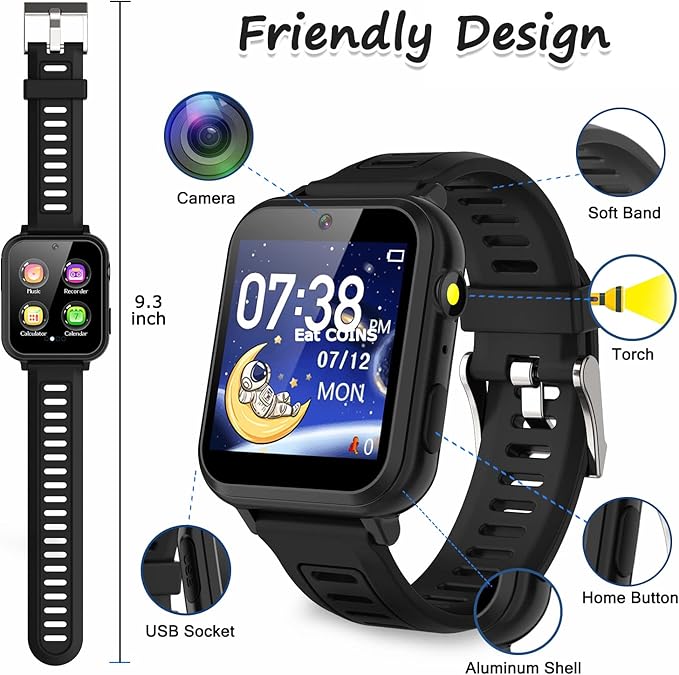 Smart Watch for Kids with 24 Games, HD Touch Screen, Video Camera, Music Player, Pedometer, Flashlight, Alarm Clock - 12/24 hr Kids Watches for Boys & Girls Aged 5-12