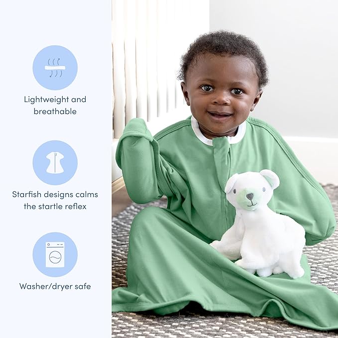 SleepingBaby Zipadee-Zip Transition Swaddle - Cozy Baby Swaddle Blanket with Zipper Convenience - Roomy Wearable Blanket for Easy Diaper Changes - Basil, Medium (6-12 Month)
