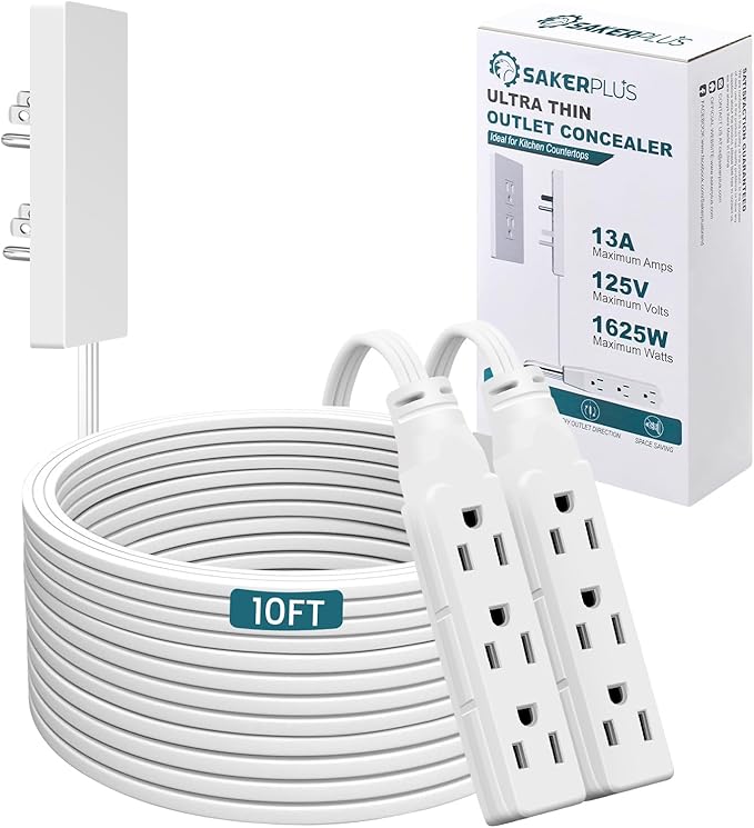 Outlet Concealer Power Strip-Outlet Cover Extender with 3AC Outlets-10ft Flat Plug Extension Cord,Universal Size,1625W for Kitchen, Home and Office,Child & Pet Safe(Dual 10 Foot)