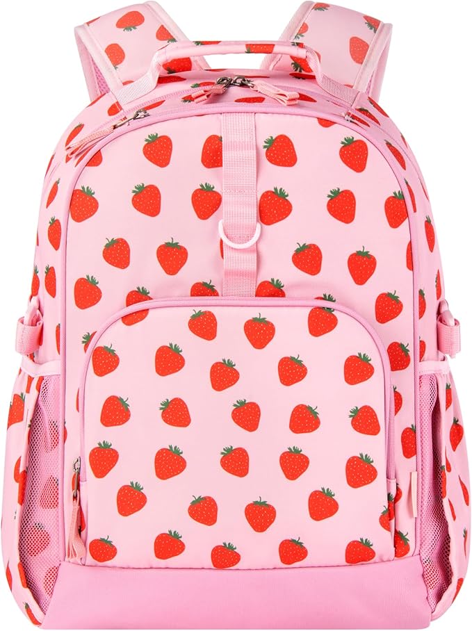 Choco Mocha Strawberry Backpack for Girls, Elementary School Backpack for Girls Ages 6-8 Kids Kindergarten Backpack Bookbag 17 Inch with Chest Strap, Red