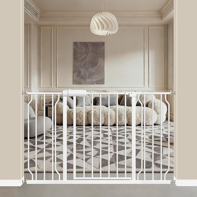 ALLAIBB Extra Wide Pressure Mounted Baby Gate Walk Through Child Kids Safety Toddler Tension White Long Large Pet Dog Gates with Extension for doorways Kitchen (48.03-52.76"/122-134cm)