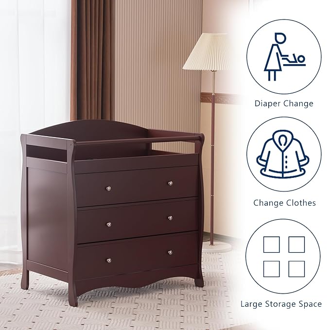 Karl home Changing Table Dresser Baby Diaper Changing Station Infant Nursing Table with 3 Drawers, Safety Rail & Strap for Bedroom, Nursery, Brown