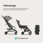 Mompush Velo Lightweight Travel Stroller – One-Hand Fold, Ultra-Compact & Airplane Friendly, Lie-Flat Recline Seat (from Birth to 50 lbs), Includes Cup Holder, Shoulder Strap, and Leather Bumper Bar
