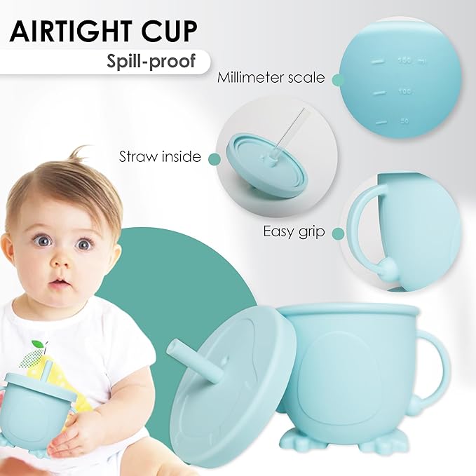 Bluet B- Silicone Baby Feeding Set - Baby Led Weaning Supplies - Baby Spoons, Suction Bowl - Plate - Baby Utensils Set - Silicone Feeding Set for Baby First Foods, Infant Eating - 8pcs - Light Blue