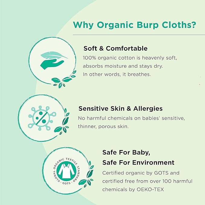 Premium 5-Pack Large Organic Cotton Burp Cloths – 3 Layers, Ultra Soft & Absorbent Burping Towel, Shoulder Towel & Hand Towel