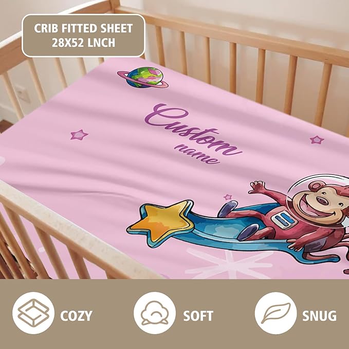 Personalized Baby Crib Bedding Set – Deer Astronaut Pattern Nursery Bedding Sets 3 Piece with Custom Name Blanket, Fitted Crib Sheet & Changing Pad Cover – Ideal Newborn Gift for Girls