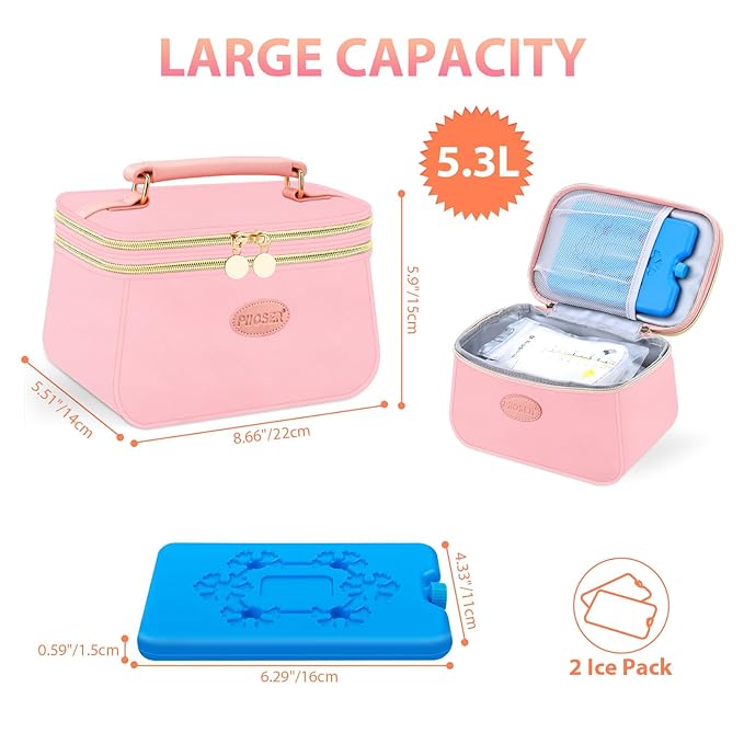 PIIOSER Breast Milk Cooler Bag with 2 Ice Pack, Fit 6 Breastmilk Storage Bags Up to 8Oz, Insulated Baby Bottles Tote Bag for Daycare and Breastfeeding Mom (Pink-XS)