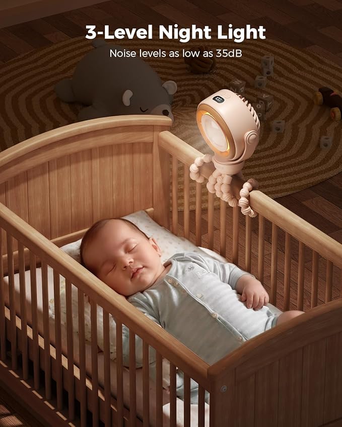 SWEETFULL Baby Stroller Fan - 4000mAh Rechargeable 4-Speed Quiet with LED Display & Night Light, Mini Portable 360° Clip On Safe Fan for Car Seat, Crib, Travel - Brown