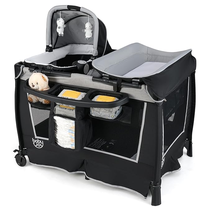 BABY JOY 5 in 1 Pack and Play, Portable Nursery Center Baby Playard w/Bassinet & Diaper Changing Table, Infant Bassinet Activity Center with Toys, Music, Oxford Bag for Toddlers (Space Grey, Classic)