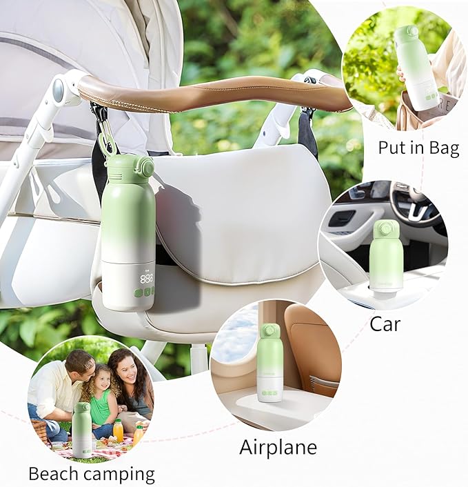 Portable Bottle Warmer, Large 12oz Capacity with Dual Heating Modes for Breast Milk & Water, Smart Temperature Control, Long Battery Life, Bottle Warmer for Outdoor, Airplane & Car Travel, Green